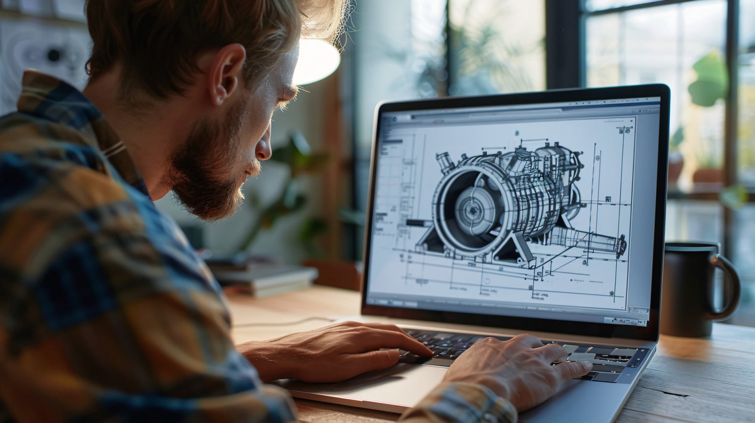 Bildet viser en CAD designer som jobber med BaseColab tilbyr en nettbasert plattform for deling og samarbeid på CAD-filer og 3D-modeller som en skyløsning.